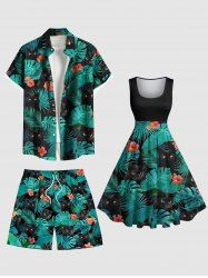 Tropical Leaf Hibiscus Flower Cats Print Plus Size Matching Hawaii Beach Outfit For Couples -  