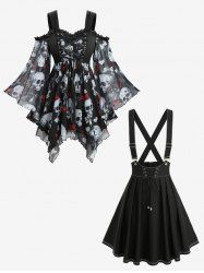 Skull Bowknot Heart Print Asymmetric Top and Zipper Lace Up Crisscross A Line Suspender Skirt Plus Size Outfit -  