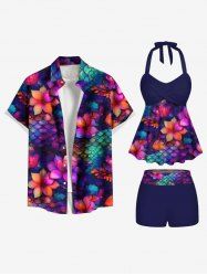 Ombre Mermaid Scale Flower Print Shirt Swimsuit Plus Size Matching Hawaii Beach Outfit For Couples -  