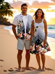 Flower Leaf Branch Zig Zag Print Plus Size Matching Hawaii Beach Outfit For Couples -  