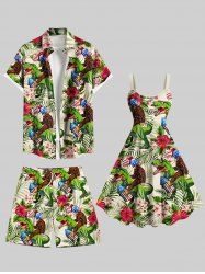 Tropical Leaf Hibiscus Flower Gorillas Dinosaur Balloons Print Plus Size Matching Hawaii Beach Outfit For Couples -  