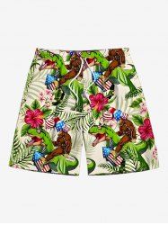 Plus Size Tropical Leaf Hibiscus Flower Dinosaur Gorillas Patriotic American Flag Balloon Print Hawaii Beach Shorts For Men -  