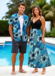 Tropical Leaf Hibiscus Flower Print Plus Size Matching Hawaii Beach Outfit For Couples -  