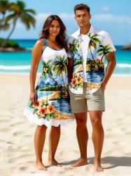 Tenue de plage hawaïenne assortie grande taille à imprimé cocotier et hibiscus pour couple - Bleu 