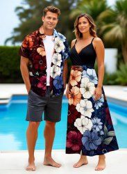 Colorful Flowers Print Plus Size Matching Hawaii Beach Outfit For Couples -  