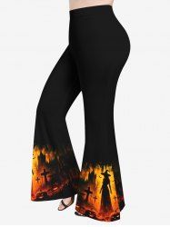 Pantalon évasé d'Halloween grande taille à imprimé citrouille et croix de sorcier et château de chauve-souris - Noir 6X