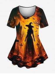 T-shirt grande taille imprimé chauve-souris, château, sorcier, croix, citrouille, Halloween, pour femme - Noir 3X