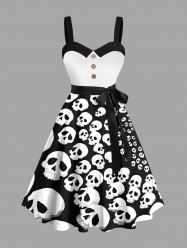 Plus Size Skull Print Halloween Costume Button A Line Dress with Removable Belt -  