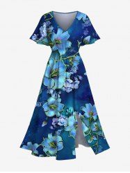Robe mi-longue hawaïenne grande taille à imprimé fleurs d'hibiscus ombré et poches fendues - Bleu 6X