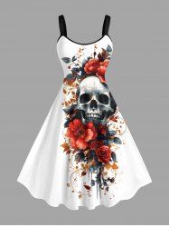Robe trapèze grande taille à imprimé tête de mort, fleur et feuilles pour Halloween - Blanc 1X