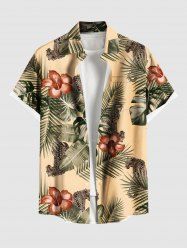 Plus Size Tropical Leaf Hibiscus Flower Leopard Print Hawaii Button Pocket Shirt For Men -  