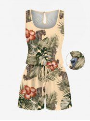 Plus Size Tropical Leaf Hibiscus Flower Leopard Print Hawaii Drawstring Pocket Romper -  