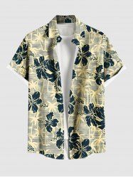 Plus Size Coconut Tree Hibiscus Flowers Print Buttons Pocket Hawaii Shirt For Men -  