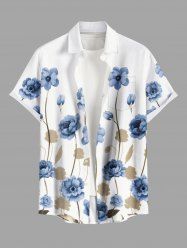 Plus Size Flower Leaf Branch Print Hawaii Button Pocket Shirt For Men -  