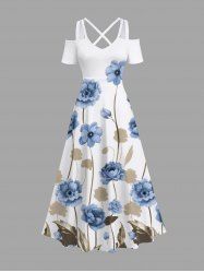 Robe longue hawaïenne grande taille à imprimé floral, feuilles et branches, épaules dénudées, croisée, coupe trapèze - Blanc 3X
