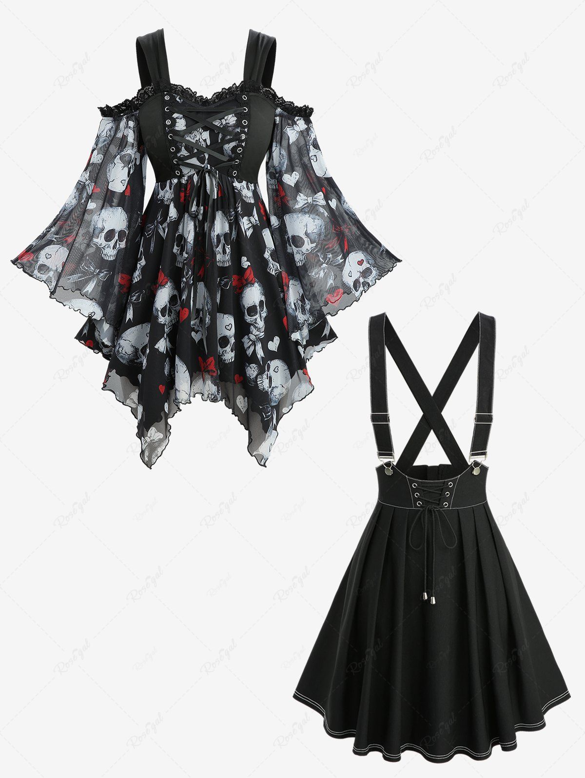 Store Skull Bowknot Heart Print Asymmetric Top and Zipper Lace Up Crisscross A Line Suspender Skirt Plus Size Outfit  