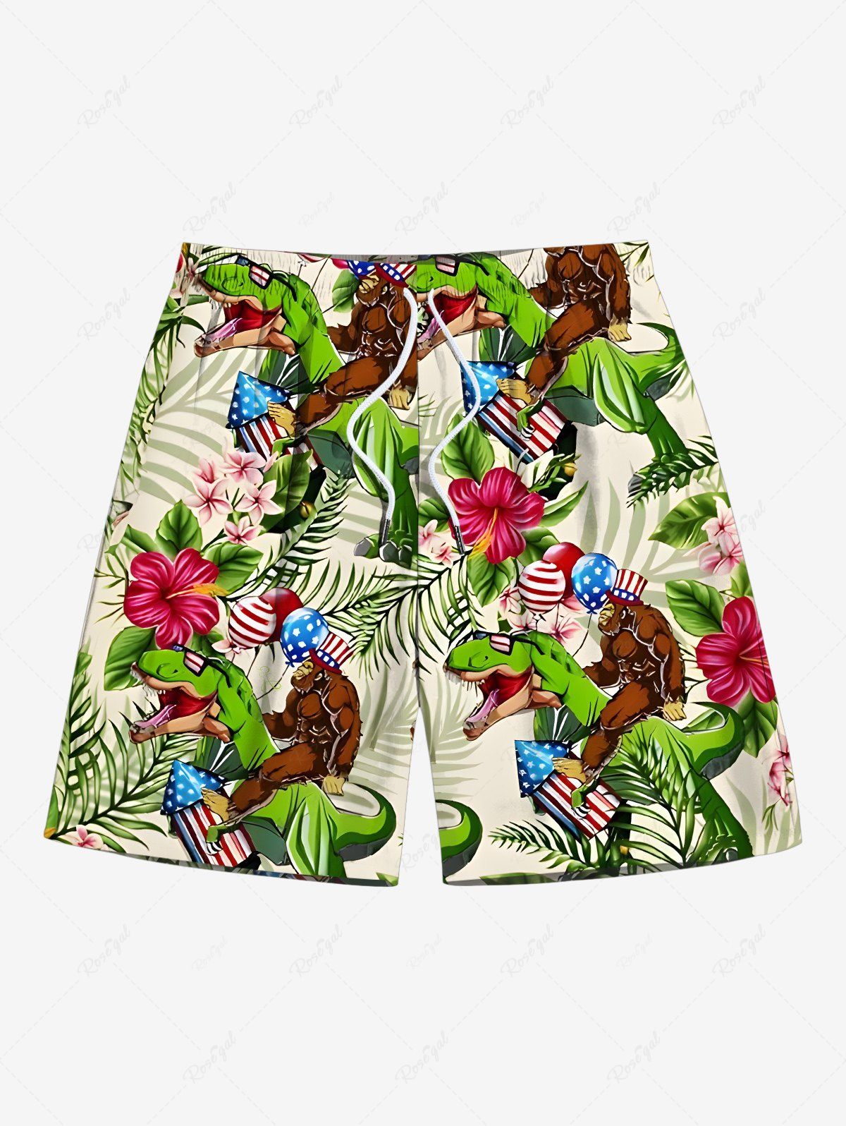 Store Plus Size Tropical Leaf Hibiscus Flower Dinosaur Gorillas Patriotic American Flag Balloon Print Hawaii Beach Shorts For Men  