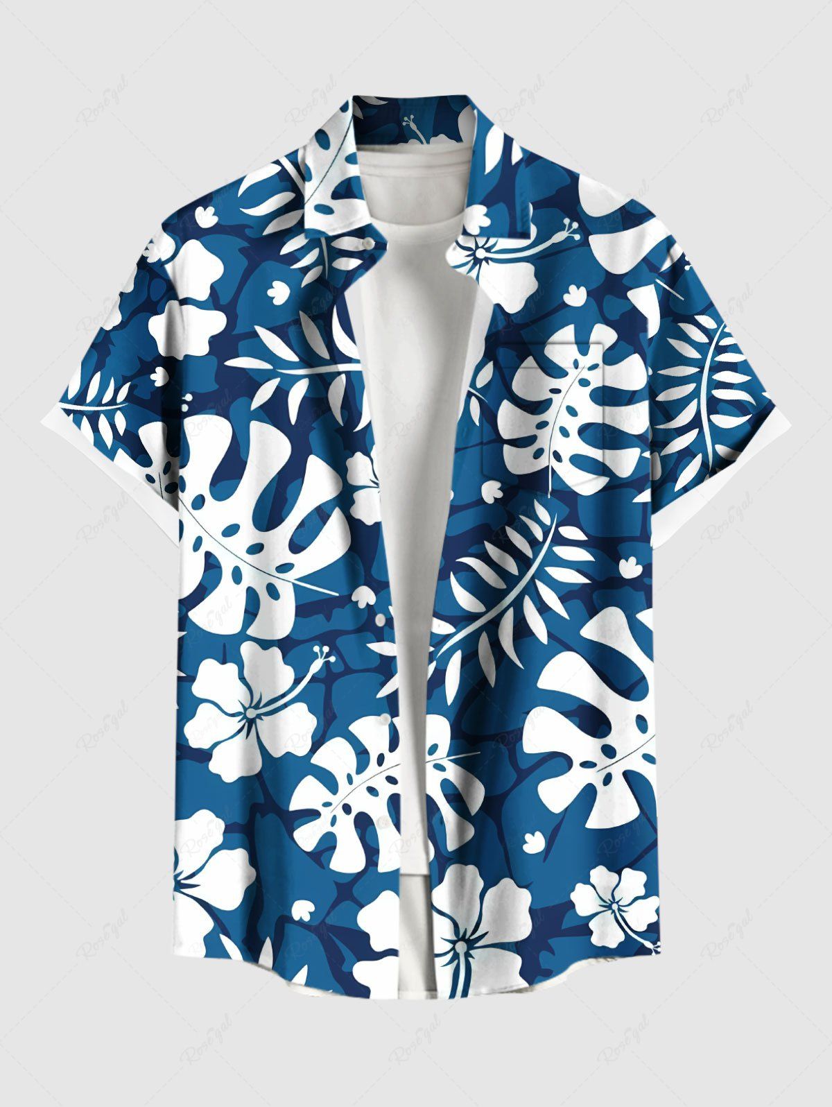 Chemise hawaïenne grande taille à imprimé feuilles tropicales et fleurs d'hibiscus, avec poches et boutons, pour homme Bleu 3XL