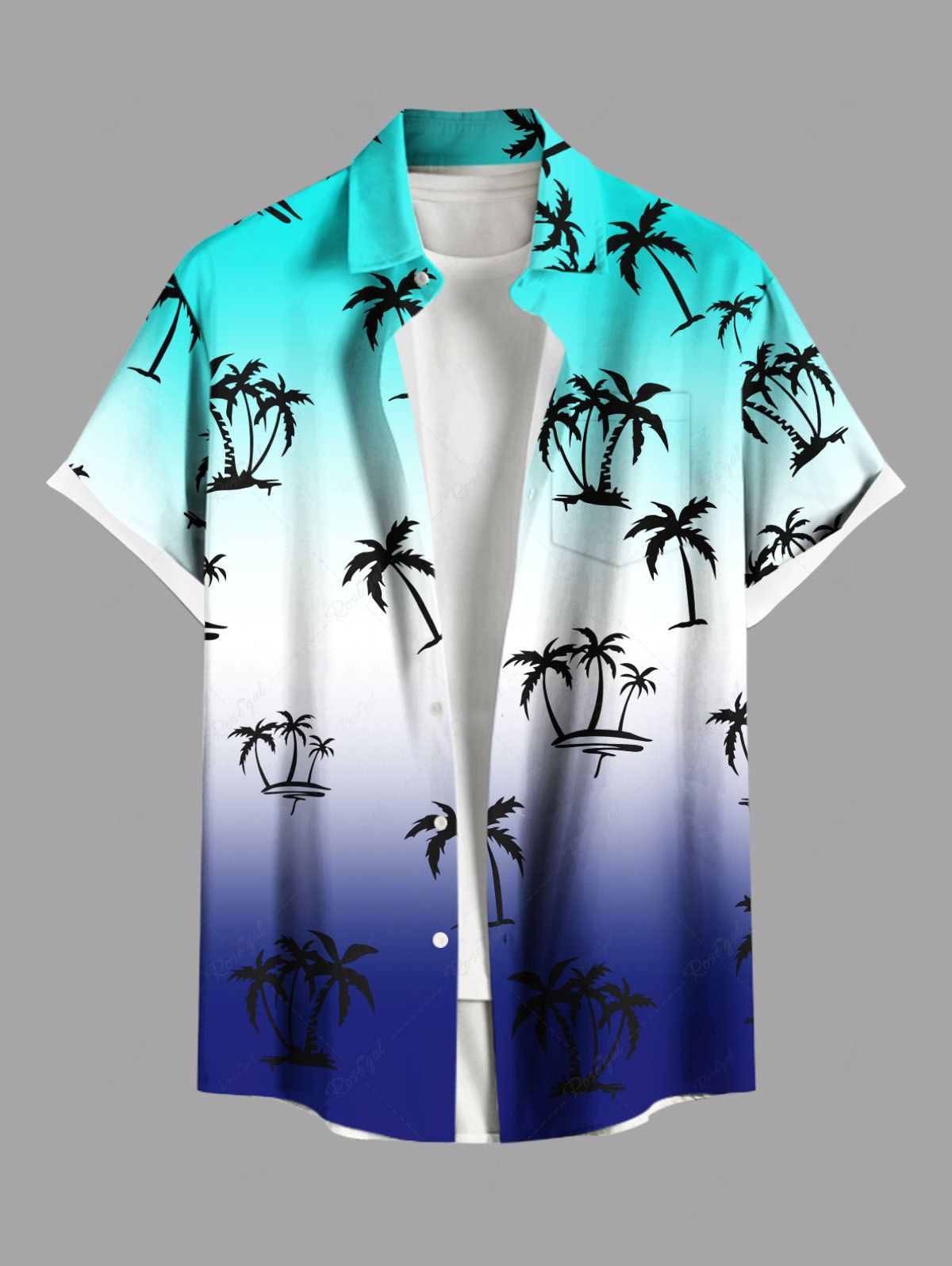 Shops Plus Size Coconut Tree Ombre Colorblock Print Buttons Pocket Hawaii Shirt For Men  