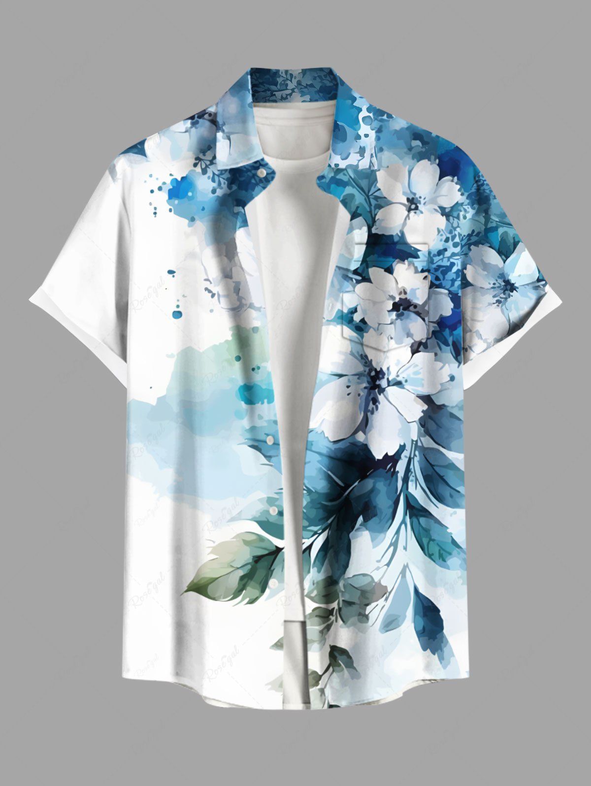Chemise hawaïenne grande taille à imprimé floral et feuilles aquarelles, avec poches et boutons, pour homme Blanc L