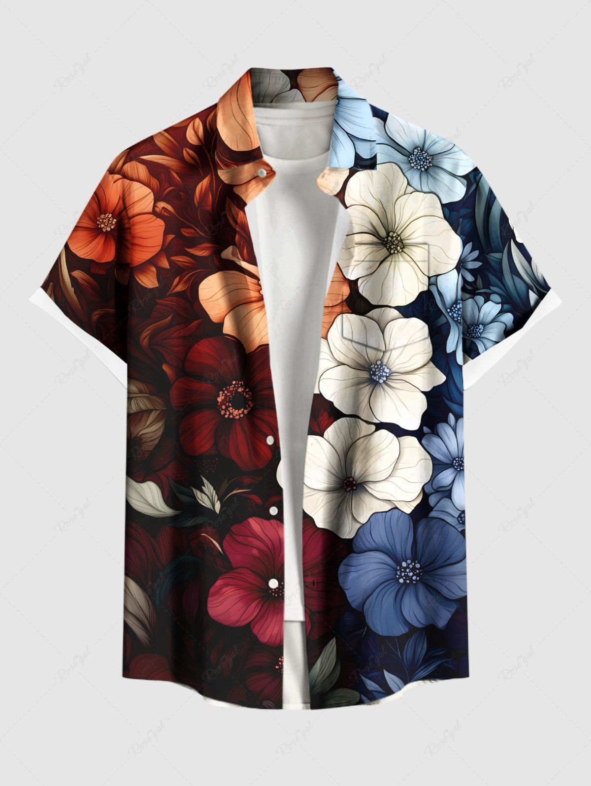 Chic Plus Size Colorful Flowers Print Buttons Pocket Hawaii Shirt For Men  