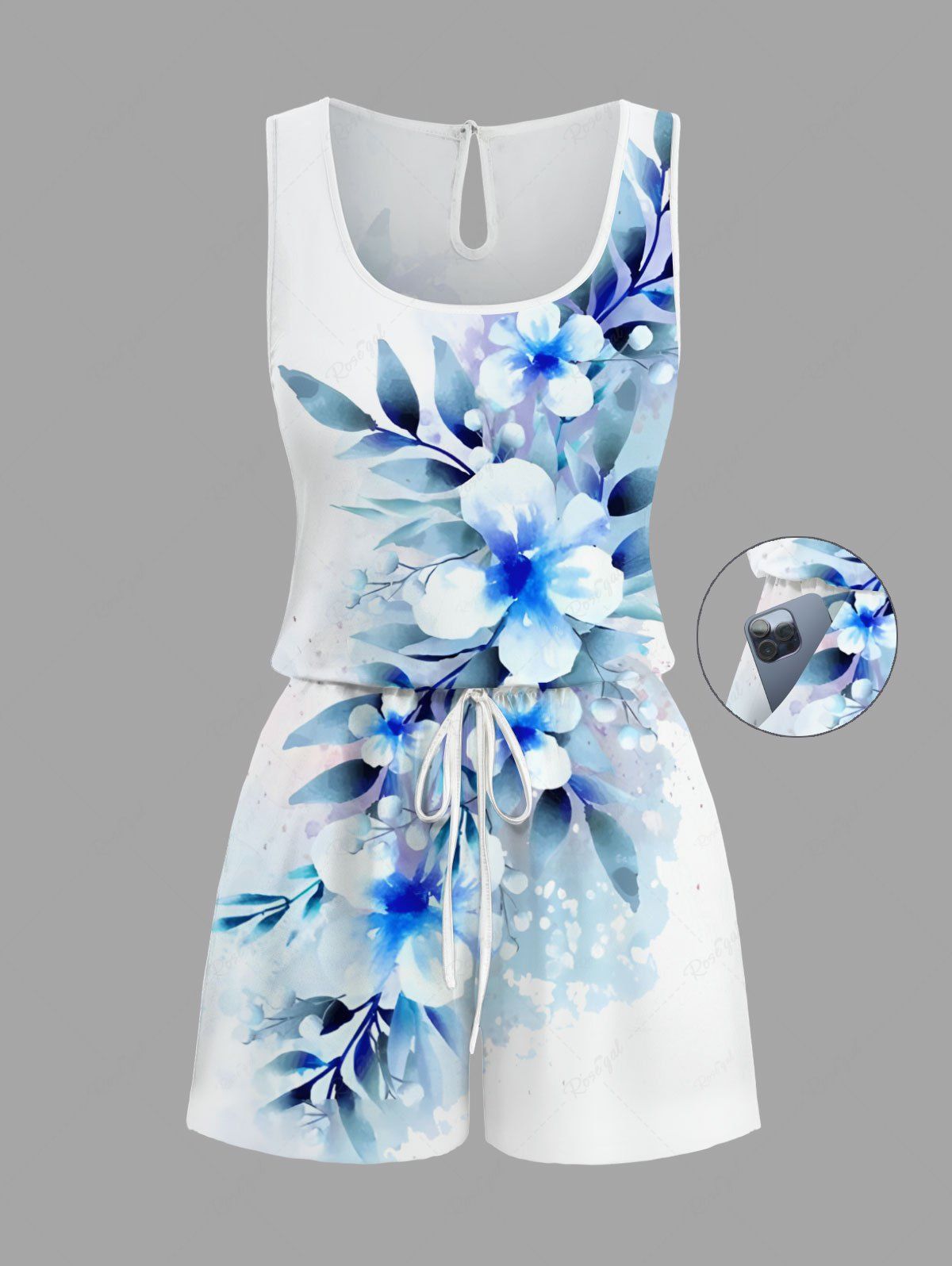 New Plus Size Flowers Leaf Print Cinched Hawaii Romper  