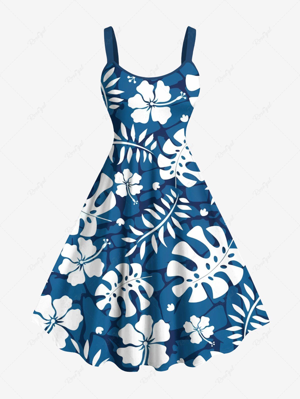 Robe débardeur hawaïenne grande taille à imprimé feuilles tropicales et fleurs d'hibiscus Bleu XXS