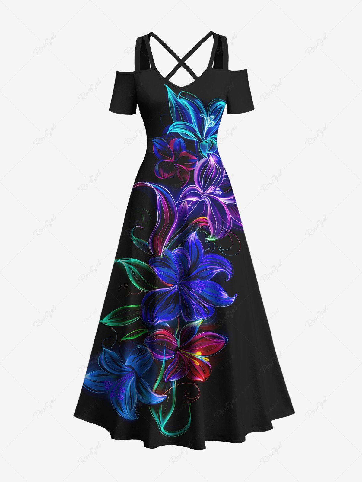 Unique Plus Size Flowers Leaf Neon Print Cold Shoulder Crisscross Hawaii Maxi Dress  