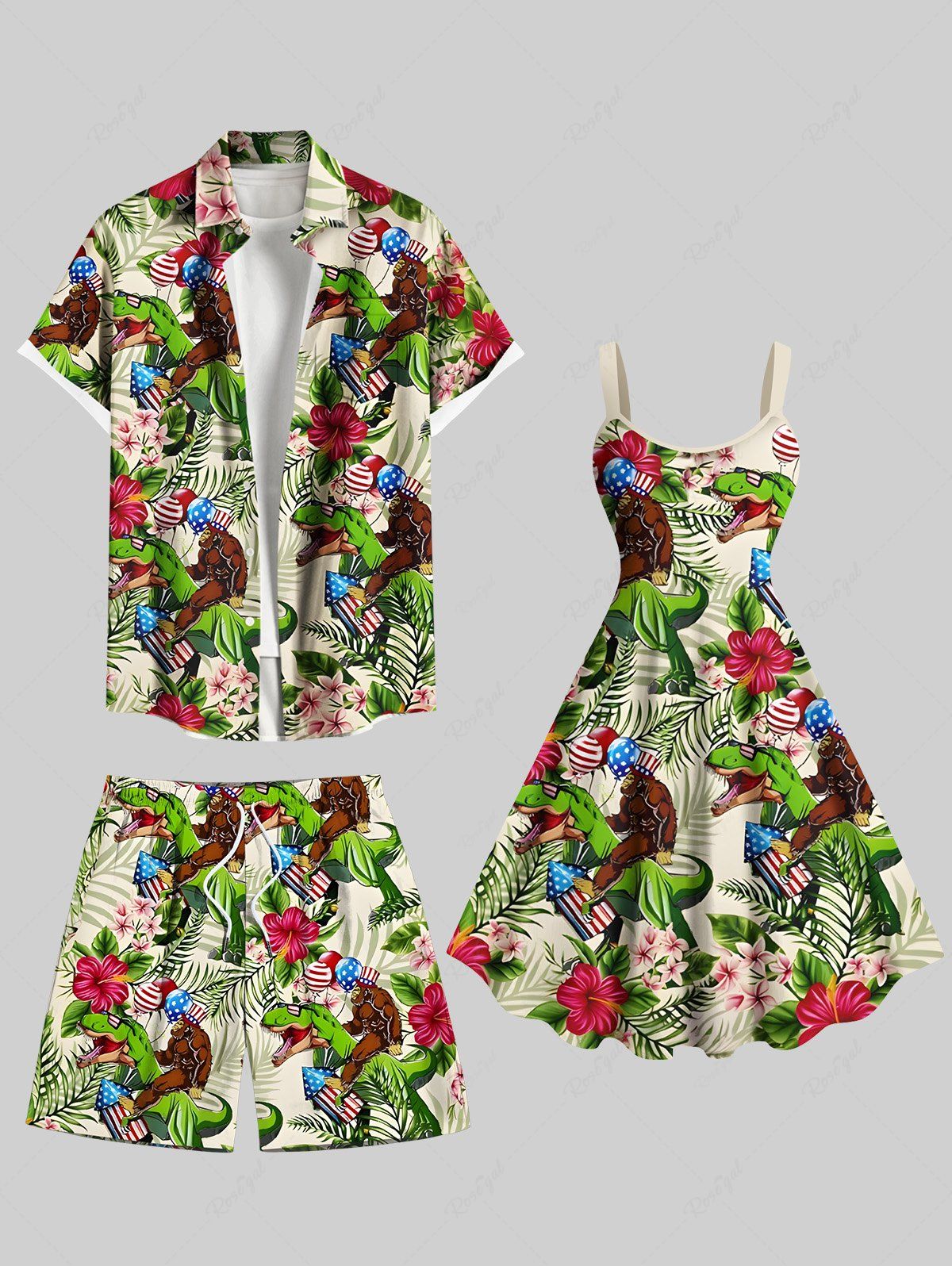 Outfit Tropical Leaf Hibiscus Flower Gorillas Dinosaur Balloons Print Plus Size Matching Hawaii Beach Outfit For Couples  