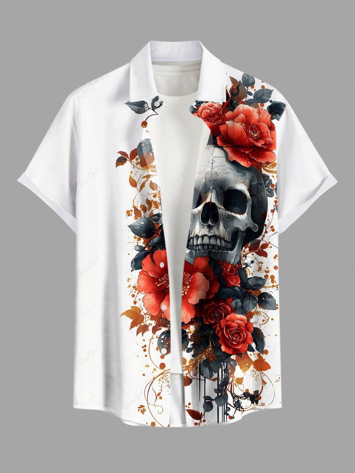 Chemise grande taille à imprimé tête de mort, fleur et feuille pour homme, avec poches boutonnées pour Halloween Blanc 4XL