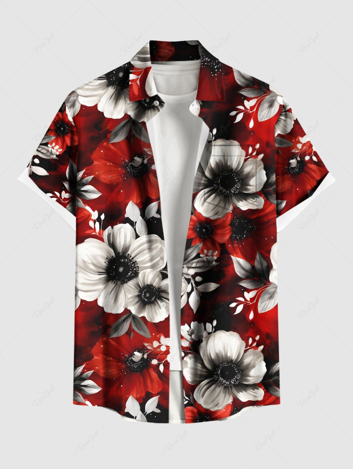 Sale Plus Size Two Tone Flower Leaf Print Hawaii Button Pocket Shirt For Men  