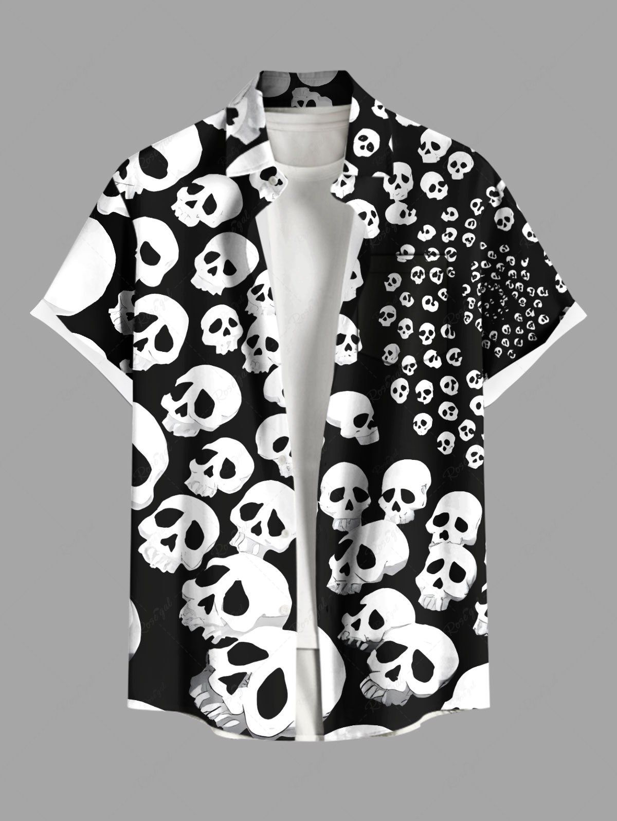 Chemise grande taille à imprimé tête de mort et poches boutonnées pour homme Noir 5XL