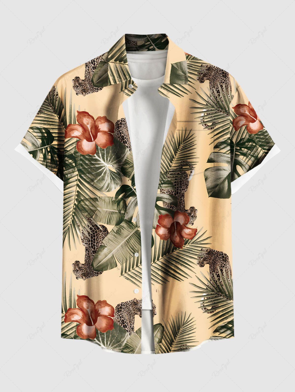 Outfits Plus Size Tropical Leaf Hibiscus Flower Leopard Print Hawaii Button Pocket Shirt For Men  