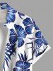 Plus Size Tropical Leaf Hibiscus Flowers Print Buttons Pocket Hawaii Shirt For Men -  