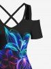 Robe longue hawaïenne grande taille à imprimé feuilles et fleurs fluo, épaules dénudées et croisée - Noir 3X