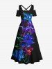 Robe longue hawaïenne grande taille à imprimé feuilles et fleurs fluo, épaules dénudées et croisée - Noir 3X