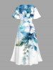 Plus Size Watercolor Flowers Leaf Print Split Hawaii Midi Dress -  