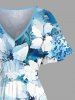 Plus Size Watercolor Flowers Leaf Print Split Hawaii Midi Dress -  