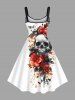 Robe trapèze grande taille à imprimé tête de mort, fleur et feuilles pour Halloween - Blanc 1X