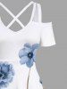 Robe longue hawaïenne grande taille à imprimé floral, feuilles et branches, épaules dénudées, croisée, coupe trapèze - Blanc 3X