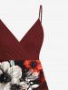 Plus Size Two Tone Flower Leaf Print Hawaii Surplice A Line Cami Dress -  