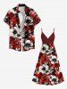 Plus Size Two Tone Flower Leaf Print Hawaii Surplice A Line Cami Dress -  