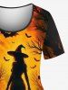 T-shirt grande taille imprimé chauve-souris, château, sorcier, croix, citrouille, Halloween, pour femme - Noir 3X
