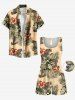 Plus Size Tropical Leaf Hibiscus Flower Leopard Print Hawaii Drawstring Pocket Romper -  