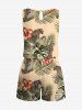 Plus Size Tropical Leaf Hibiscus Flower Leopard Print Hawaii Drawstring Pocket Romper -  