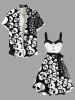 Plus Size Skull Print Halloween Costume Button A Line Dress with Removable Belt -  