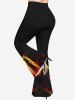 Pantalon évasé d'Halloween grande taille à imprimé citrouille et croix de sorcier et château de chauve-souris - Noir 6X