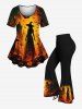 Pantalon évasé d'Halloween grande taille à imprimé citrouille et croix de sorcier et château de chauve-souris - Noir 6X