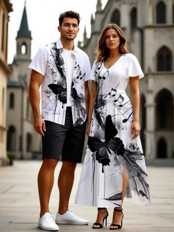 Ink Painting Butterfly Music Symbol Print Plus Size Matching Hawaii Beach Outfit For Couples - WHITE