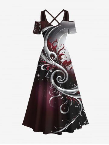 Plus Size Galaxy Floral Leaf Print Cold Shoulder Crisscross Hawaii Maxi Dress - BLACK - XXS